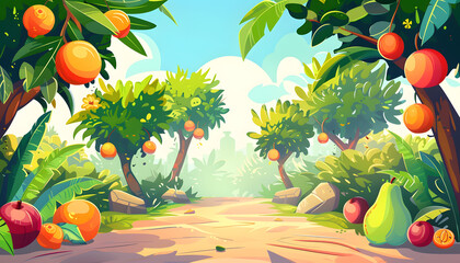 beautiful nature background, fruit garden cartoon illustration