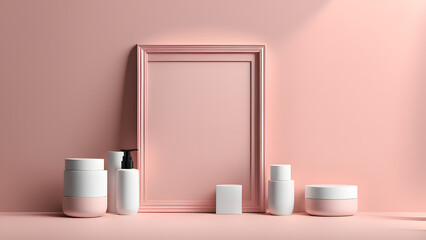 Wall Mural - A pink frame with a white background and a variety of cosmetics