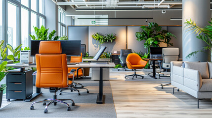 Wall Mural - Ergonomic office design with standing desks and comfortable seating.