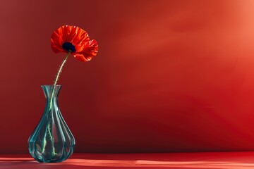 Wall Mural - Red poppy in red background. Single poppy flower in vase.  copy space , Generative ai