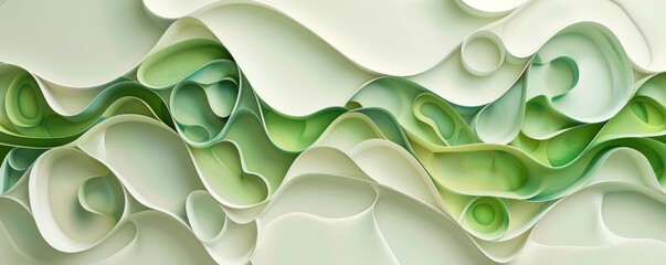 Organic green and cream abstract shapes in 3D rendering with flowing curves and layers