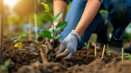 Person plantingtree invibrant community garden onsunny day.