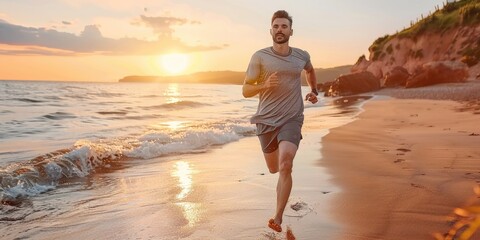At sunset, a man is jogging on the beach, with the ocean waves and golden sands creating a beautiful scenic view AIG58