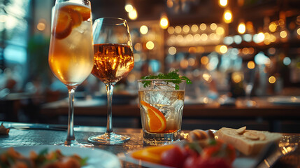 Wall Mural -  Two glasses of champagne and a plate of food on a table at a fancy restaurant.