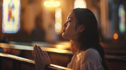 Wall Mural - Young woman praying in church, seeking solace and spiritual connection in peaceful devotion.