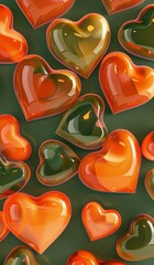 Wall Mural - Glossy red and green hearts background depicting love and affection