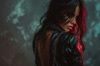 © Sergio - Woman in black leather jacket looking over shoulder with red lighting