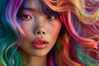 © lashkhidzetim - woman with rainbow colored hair. The hair is long and flowing. The woman has a very bright and colorful look