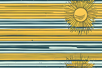 Sticker - A cheerful hand-drawn pattern unfolds! Stripes dance across the background, punctuated by bright yellow sunshine icons. This playful design adds a touch of summer warmth to any project.