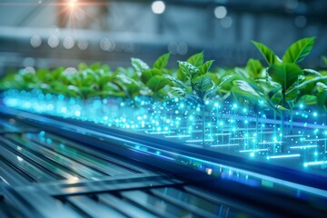 Futuristic agriculture concept with glowing blue technology and green plants on automated conveyor in modern greenhouse.