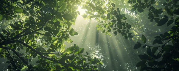 Wall Mural - Sunlight filtering through lush green forest canopy
