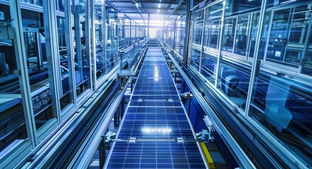 Wall Mural - High-tech solar panel production line with automated robotic arms in modern factory