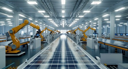 Wall Mural - Robotic arms assembling solar panels in a high-tech factory