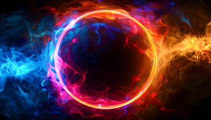 Wall Mural - abstract bakground, neon ring light on dark