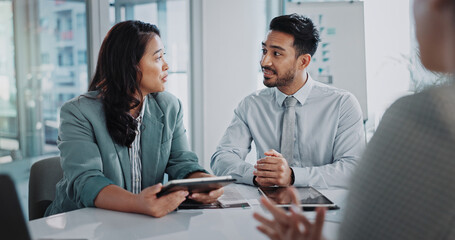 Poster - Business people, speaking and planning in finance meeting, group collaboration and teamwork on tablet. Financial advisors, talking and consulting for sales, client support and briefing for project