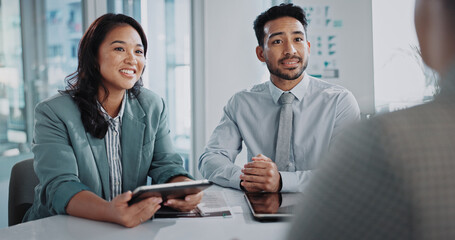Poster - Business people, tablet and clients in meeting for data analytics, collaboration and investment advice. Analyst, stakeholder or b2b investor with digital tech for planning, review and talk of project
