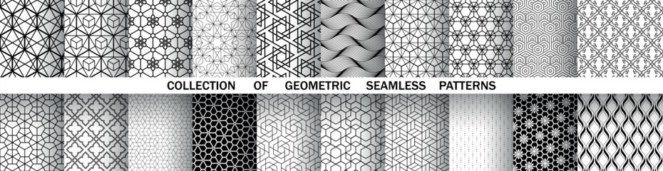 Geometric set of seamless black and white patterns. Simple vector graphics.