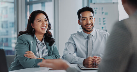 Poster - Listening, business people or colleagues in meeting by office, communication and feedback on performance. Teamwork, corporate investors or excited of company growth, future investment and partnership