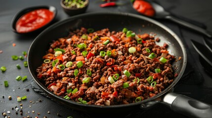 Wall Mural - black empty background, in the middle of a frying pan, minced meat in a frying pan, green onions on minced meat in a frying pan, and black spoons of tomato paste