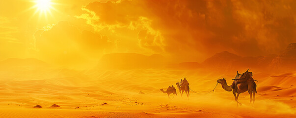 Wall Mural - A lone camel caravan traversing the vast expanse of a golden desert under a blazing sun