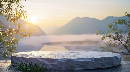 Stone podium outdoors floor at sunrise with beautiful misty mountain nature landscape background.Cosmetic product placement pedestal present stand display,summer paradise concept. Generative ai