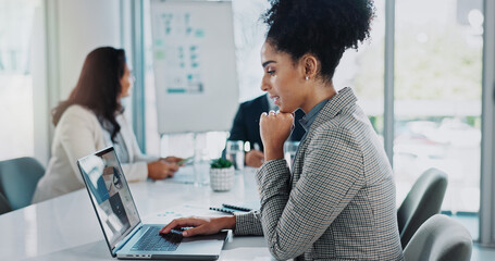 Poster - Business woman, computer and research with team for company project, presentation or collaboration at office. Employee, proposal and laptop for website search or report in workplace boardroom