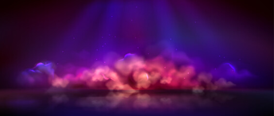 Pink neon light smoke. Space cloud game background. Metaverse wallpaper with purple futuristic mist. 3d spooky vapor cosmos landscape. Meta foggy dream backdrop scene with smoky texture flow