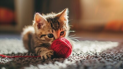 A kitten is playing with a red ball of yarn. Generate AI image
