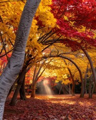 Poster - Vibrant autumn forest path with sunlight streaming through