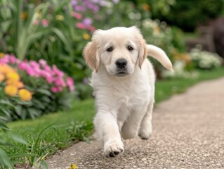 Poster - Adorable golden retriever puppy in a garden