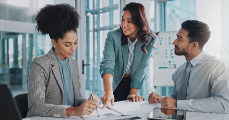 Leinwandbilder - Business people, paperwork and planning in office meeting, collaboration and teamwork for proposal. Employees, talking and documents for finance review, support and briefing in boardroom for project