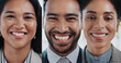 © peopleimages.com - Collage, portrait and smile with business people in video call for corporate communication or collaboration. Diversity, face or montage of man and woman employee team in virtual meeting for planning
