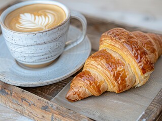 Sticker - Delicious croissant and coffee on wooden tray