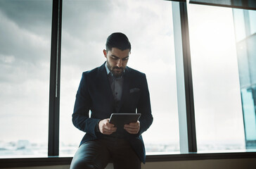 Aufkleber - Office, research and man at window with tablet for email, online report or info for business consultant. Relax, reading and businessman on digital app for networking, planning or schedule management