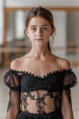 Sticker - young woman in black lace dress posing indoors