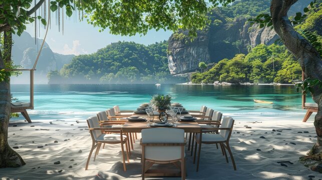 A beautiful beach scene with a long table set up with chairs. Generate AI image