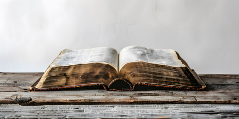 A bible book on a wooden table with an isolated background