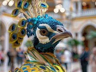 Wall Mural - Vibrant peacock feather costume close-up