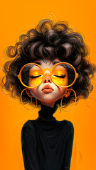 Wall Mural - Motion Graphic Girl.  Generated image.   A digital illustration of a motion graphic girl character with curly hairs and big yellow glasses.