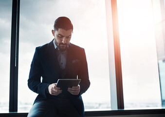 Aufkleber - Office, reading and man at window with tablet for email, online report or review for business consultant. Relax, search and businessman on digital app for networking, planning or schedule management
