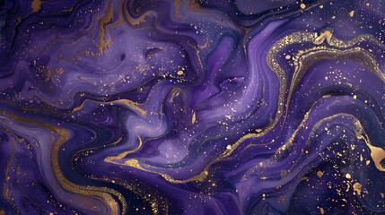 Wall Mural - Abstract purple and blue marble swirls enriched by shimmering golden highlights