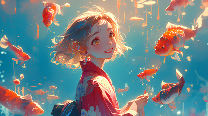 Poster - anime girl and beautiful fish swimming