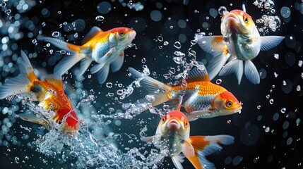 Colorful goldfish swimming dynamically in water with splashes and bubbles.