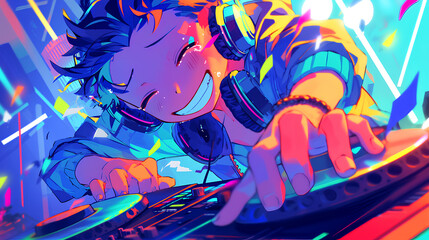 Wall Mural - anime muda keren bermain DJ dengan latar belakang neon sinematik