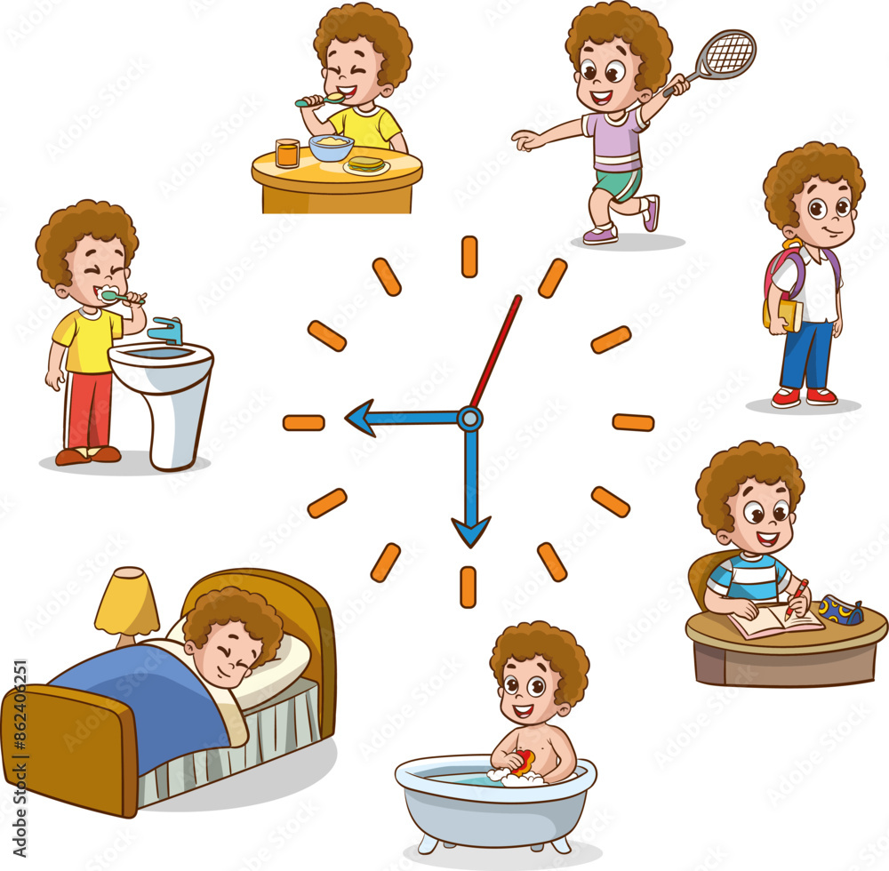 Boy daily routine. Children everyday activities and habits. Dial clock ...