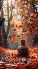 Wall Mural - Autumnal Still Life with Maple Leaves in a Clay Vase