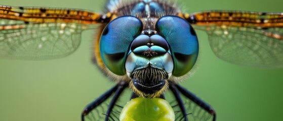 Closeup of a dragonfly with blue and yellow wings on a green background. Macro photography of insect with detailed texture. Concept of nature, beauty, and fragility.