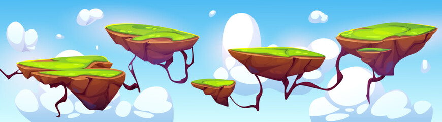 Wall Mural - Flying platforms for arcade game design. Vector cartoon illustration of fantasy islands with green lawn floating in blue sky with heavenly white clouds, pieces of land for travel gaming, adventure map