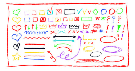 Wall Mural - colorful underline pencil hand drawn various ellipses, punctuation marks, direction pointers, arrows