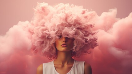 A woman with voluminous pink cotton candy-like hair, set against a matching pink background, creating a whimsical look.